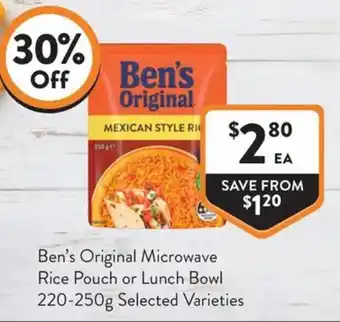 Foodworks Ben's Original Microwave Rice Pouch or Lunch Bowl offer