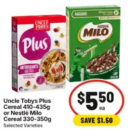 IGA Uncle Tobys Plus Cereal or Nestlé Milo Cereal offer
