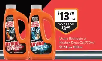 Foodworks Drano Bathroom or Kitchen Drain Gel offer