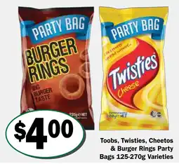 Friendly Grocer Toobs, Twisties, Cheetos & Burger Rings Party Bags Varieties offer