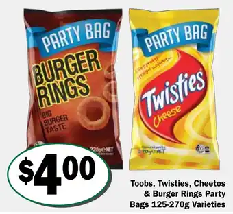 Friendly Grocer Toobs, Twisties, Cheetos & Burger Rings Party Bags Varieties offer