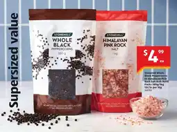 ALDI Stonemill Whole Black Peppercorns or Himalayan Pink Rock Salt Bulk Refill offer