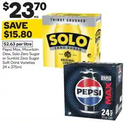 Woolworths Pepsi Max, Mountain Dew, Solo Zero Sugar or Sunkist Zero Sugar Soft Drink Varieties offer