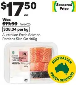 Woolworths Australian Fresh Salmon Portions Skin On offer