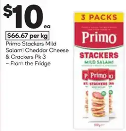 Woolworths Primo Stackers Mild Salami Cheddar Cheese & Crackers offer