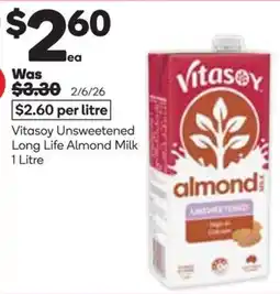 Woolworths Vitasoy Unsweetened Long Life Almond Milk offer