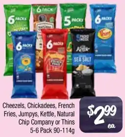 Farmer Jack's Cheezels, Chickadees, French Fries, Jumpyss, Kettle, Natural Chip Company or Thins offer