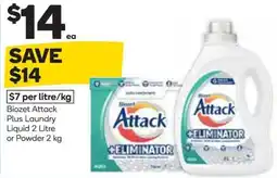 Woolworths Biozet Attack Plus Laundry Liquid 2 Litre or Powder 2 kg offer