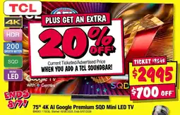 JB Hi-Fi TCL 75" 4K AI Google Premium SQD Mini LED TV offer
