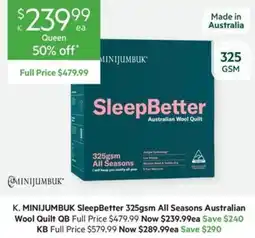 Harris Scarfe MINIJUMBUK SleepBetter 325gsm All Seasons Australian Wool Quilt offer