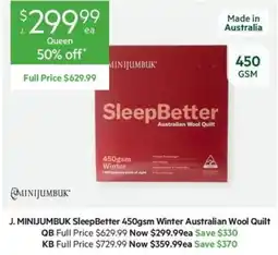 Harris Scarfe J. MINIJUMBUK SleepBetter 450gsm Winter Australian Wool Quilt offer