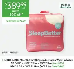 Harris Scarfe MINIJUMBUK SleepBetter 1000gsm Australian Wool Underlay offer