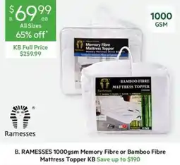 Harris Scarfe Ramesesses 1000gsm Memory Fibre or Bamboo Fibre Mattress Topper offer