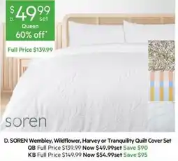 Harris Scarfe D. SOREN Wembley, Wildflower, Harvey or Tranquility Quilt Cover Set offer