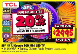 JB Hi-Fi TCL 85" 4K AI Google SQD Mini LED TV offer