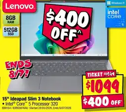 JB Hi-Fi Lenovo 15" Ideapad Slim 3 Notebook offer