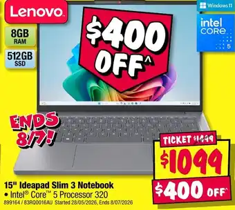 JB Hi-Fi Lenovo 15" Ideapad Slim 3 Notebook offer