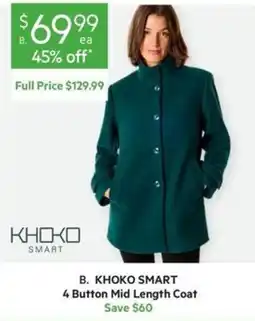 Harris Scarfe B. KHOKO SMART 4 Button Mid Length Coat offer