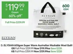 Harris Scarfe Elysian 600gsm Super Warm Australian Washable Wool Quilt offer