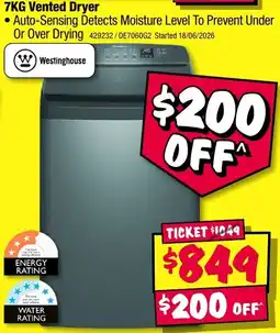 JB Hi-Fi 7KG Vented Dryer Westinghouse offer