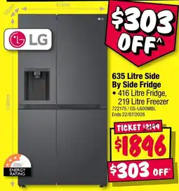 JB Hi-Fi LG 635 Litre Side By Side Fridge offer