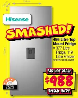 JB Hi-Fi Hisense 496 Litre Top Mount Fridge offer