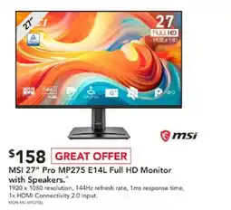 Harvey Norman MSI 27" Pro MP275 E14L Full HD Monitor with Speakers. offer