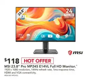 Harvey Norman MSI 23.8" Pro MP245 E14VL Full HD Monitor offer