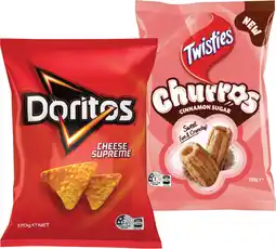 IGA Doritos Corn Chips 150‑170g or Twisties Cinnamon Sugar Churros 120g Selected Varieties offer