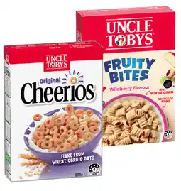 IGA Uncle Tobys Cereal Cheerios Original 320g, Fruity Bites Wildberry Flavour 500g or Weeties 510g offer