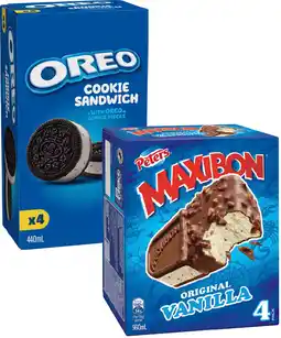 IGA Peters Maxibon, Oreo Cookie Sandwich or Nestlé Kit Kat Ice Cream 4 Pack Selected Varieties offer