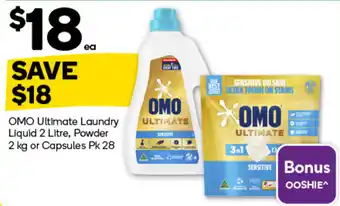 Woolworths Omo Ultimate Laundry Liquid 2 Litre, Powder 2 kg or Capsules Pk 28 offer