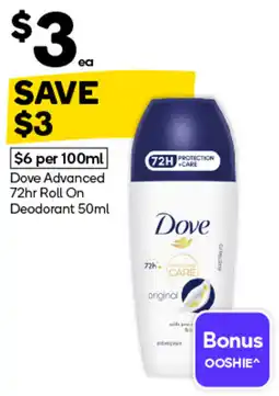 Woolworths Dove Advanced 72hr Roll On Deodorant offer