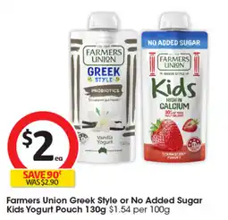Coles Farmers Union Greek Style or No Added Sugar Kids Yogurt Pouch offer