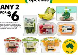 Woolworths Australian Kids Mini Apples Pears Bananas Mandarins or Kiwifruit Sweet Solanato Tomatoes Qukes Baby Cucumbers offer