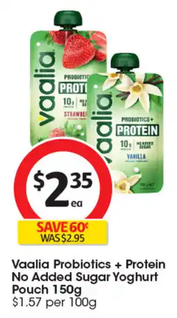Coles Vaalia Probiotics + Protein No Added Sugar Yoghurt Pouch offer