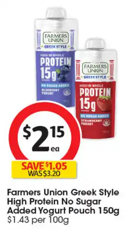 Coles Farmers Union Greek Style High Protein No Sugar Added Yogurt Pouch offer