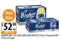 Supabarn Coopers Dry 4.2% Low Carb Lager Bottles & Cans offer
