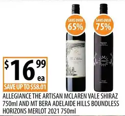 Supabarn Allegiance The Artisan McLaren Vale Shiraz and Mt Bera Adelaide Hills Boundless Horizons Merlot 2021 offer