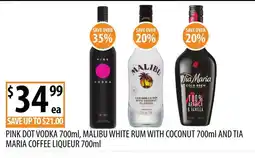 Supabarn Pink Dot Vodka, Malibu White Rum With Coconut, Tia Maria Coffee Liqueur offer