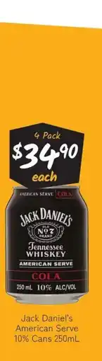 Cellarbrations Jack daniel's american serve 10% cans offer