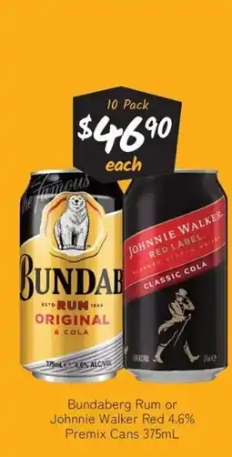 Cellarbrations Bundaberg rum or johnnie walker red 4.6% premix cans offer