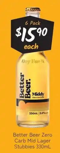 Cellarbrations Better beer zero carb mid lager stubbies offer