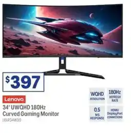 Officeworks Lenovo 34" uwqhd 180hz curved gaming monitor offer