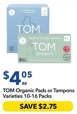 Ritchies TOM Organic Pads or Tampons Varieties offer