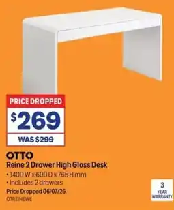 Officeworks Otto reine 2 drawer high gloss desk offer