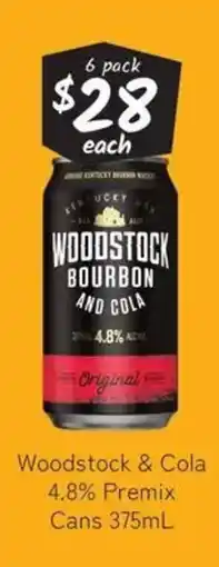 Cellarbrations Woodstock & cola 4.8% premix cans offer