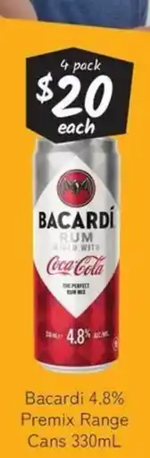 Cellarbrations Bacardi 4.8% premix range cans offer