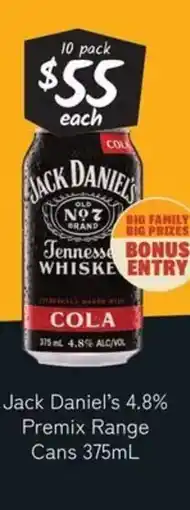 Cellarbrations Jack daniel's 4.8% premix range cans offer