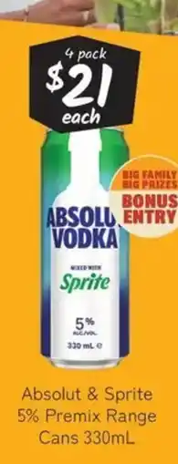 Cellarbrations Absolut & sprite 5% premix range cans offer